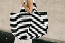 Large Canvas Fashion Durable Women Black and white stripes Shoulder Bag Shopping Tote Flax Cotton Shopping Bags Maximal 2024 - buy cheap