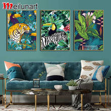 Pintura de diamante 5d diy "Tigre pájaro hoja verde planta" mosaico de arte, Tríptico, kits de bordado de diamantes redondos y cuadrados, AS0917 2024 - compra barato