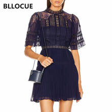 BLLOCUE 2020 Summer Self-Portrait Navy Blue Pleated Mini Dress Women Hollow Out Lace Splice Chiffon Vacation Dress 2024 - buy cheap