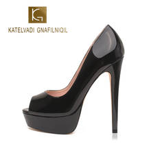 Katelvadi sapatos femininos plataforma, saltos altos de 14cm, couro preto patenteado, tamanhos 9 2024 - compre barato