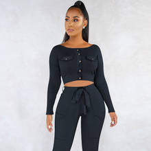 Hot autumn winter pants set for women long sleeve skinny solid color crop top and long pants suit DL6052 2024 - buy cheap