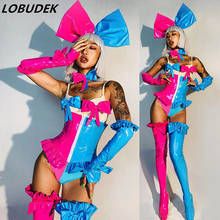 Lady Dance Team Jazz Costume Pink Blue Splicing Bodysuit Bow Leggings Headdress Bar Party Show Stage Outfit Nightclub Dance Wear 2024 - buy cheap