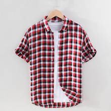 Camisa de manga corta a cuadros rojos para hombres, camisa informal de lino puro con cuello vuelto, Tops de verano, novedad de 100% 2024 - compra barato