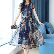 Chiffon Plus Size Women Belt Short Sleeve O-neck Tea-length A-line Floral Print Dark Blue Purple Hpliday Cocktail Dresses 9755 2024 - buy cheap