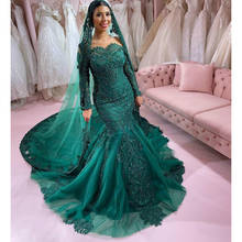 2020 Arabic Aso Ebi Hunter Green Mermaid Prom Party Dresses With Long Sleeves Lace Appliques Plus Size Formal Evening Occasion 2024 - buy cheap