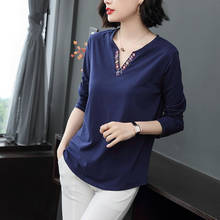 Camiseta feminina algodão estilo outono primavera bordado com decote em v cor sólida elegante tops coreanos dd8333 2024 - compre barato
