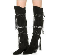 Novo preto camurça borlas mulher sobre o joelho botas sexy cunha salto franja botas longas senhora moda vestido botas de inverno dropship 2024 - compre barato