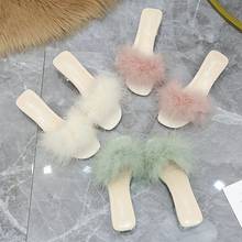 New Fur Slides Summer Slippers Women Shoes Woman Clear Mules Peep Toe Square Mid Heels Transparent Slippers Shoes 2024 - buy cheap