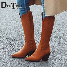 Doratasia retro lady rebanho inverno apontou toe sapatos de salto alto meados de bezerro botas casuais sólidos mulheres consise marca sapatos mulher 2024 - compre barato