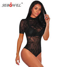 SEBOWEL Black Sexy Sheer Mesh Bodysuit Women Mock Neck Short Sleeve Bodysuits Bodycon Jumpsuit Transparent Female Body Tops 2020 2024 - buy cheap