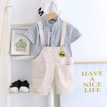 Bebê da criança meninos roupas define verão infantil xadrez camisa + bib calças 2 pçs ternos de algodão crianças roupas treino 2024 - compre barato