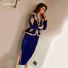 Smileven Royal Blue Karakou Algerian Caftan Evening Dresses Velvet Long Sleeve 3 Peices Detachable Belt Dubai Prom Party Gowns 2024 - buy cheap