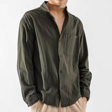 Мужская рубашка camisas hombre, Однотонная рубашка с воротником-стойкой и пуговицами, хлопковая льняная Свободная куртка, блузка социальная одежда 2024 - купить недорого