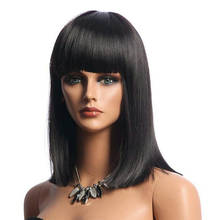 GRES Women Synthetic Hair Wig with Bangs Black Color Wigs for Afro High Temperature Fiber Medium Length Femme Hairpieces 2024 - купить недорого