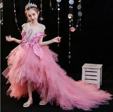 Тюлевое платье с лебедями и кристаллами со шлейфом для девочек, свадебное платье, детское платье для конкурса, вечернее праздничное платье для дня рождения, наряд принцессы для причастия 2024 - купить недорого