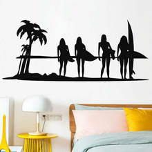 Adesivo de parede surf y773, decoração para casa e dormitório moderno com ondas de surf, para parede de vinil e sala de estar, pôr do sol para meninas 2024 - compre barato