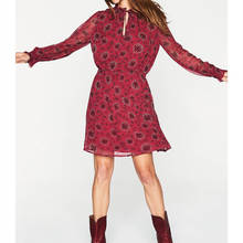 Vestido corto femenino de encaje de otoño y primavera con volantes, minivestido con estampado de flores rojas y manga larga para mujer, 2020 2024 - compra barato