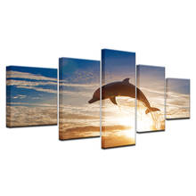 HD Printed Modular Pictures Frame Canvas Home Wall Art Decor 5 Pieces Jumping Dolphins Animal Painting Sunset Seascape Poster 2024 - buy cheap