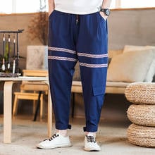 #0709 Summer Ankle-length Plus Size 5XL Cotton Linen Pants Men Floral Striped Side Pockets Streetwear Hip Hop Pencil Harem Pants 2024 - buy cheap