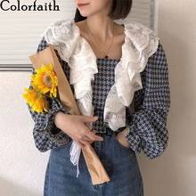 Colorfaith-Blusa de encaje con manga abombada para mujer, camisa de retales a cuadros Vintage, Top corto elegante para primavera y otoño, BL9829, novedad de 2021 2024 - compra barato