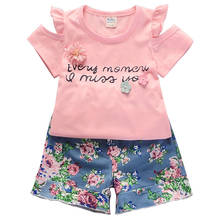 Conjunto 2 peças de camisa floral + shorts, roupas fofas de verão para meninas com letras e flores 2024 - compre barato