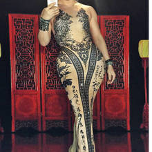 Vestido largo Sexy de la discoteca vestido estampado con patrón de bambú y flores brillante de pedrería para fiesta 2024 - compra barato