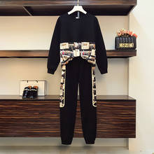 O neck 2021 spring long sleeved crop top cartoon black and jogging pants women suit casual two piece sports sets clothes big 5XL 2024 - buy cheap