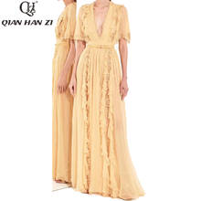 Женское модельное платье макси Qian Han Zi, элегантное кружевное Плиссированное длинное платье с оборками и V-образным вырезом, лето 2020 2024 - купить недорого
