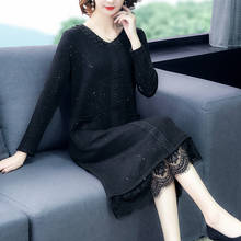 Vestido de lantejoulas com renda vintage, vestido midi elegante de tricô para mulheres, preto, 5xl, primavera 2021 2024 - compre barato