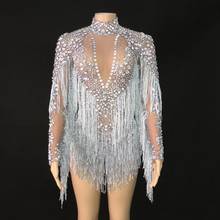 Silver Red Blue Crystals  Fringe Leotard Outfit  Birthday Celebrate Long Sleeves Tassel Bodysuit Dance Bar Women Singer Dresses 2024 - buy cheap