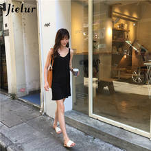 Jielur-vestido de verão minni, preto, 2021, cor sólida, decote em v, slim, chique, sexy, feminino, vestido coreano 2024 - compre barato