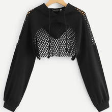 Black Hoodies For Women Fashion Hollow Out Crop Tops Mesh Patchwork Short Sweatshirt Long Sleeve Autumn Tops And Pullovers 2024 - buy cheap