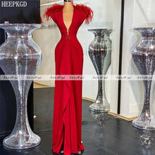 New Long Red Sheath Evening Formal Dress With Feather V Neck Crystal Feather Plus Size Prom Gown Women Pageant Dresses Customize 2024 - buy cheap