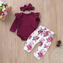 Kids Clothes Girls Winter Long Sleeves Solid Romper Tops+floral Pants+headbands Set 3 Pcs Unisex Outfits 6-24m Ropa Para Niña 2024 - buy cheap