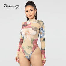 Ziamonga 2019 Novo Bodysuit Macacão de Malha Sexy de Gola Alta Manga Longa Floral Impressão Feminino Sexy Ver Através Bodysuit Moda Outfit 2024 - compre barato