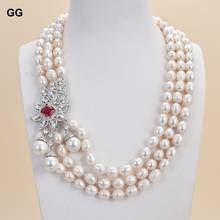 GG Jewelry 22" 13mm 3 Strands White Baroque Pearl Necklace CZ Connector 2024 - buy cheap