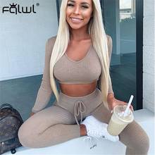 FQLWL Two Piece Set Women Club Outfits Ribbed Knitted Suit Long Sleeve Crop Top and Skinny Pants Female Tracksuits Women Set 2024 - buy cheap