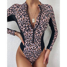 Новинка 2020, Женская леопардовая одежда для плавания с длинным рукавом, слитный купальник, Женский монокини с высоким вырезом, купальный костюм на молнии, купальный костюм, боди 2024 - купить недорого