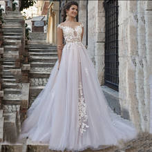 Gorgeous Wedding Dress 2021 A-Line Sheer Neck Cap Sleeve Lace Appliques Button Sweep Train Tulle Bridal Gown Vestidos De Noiva 2024 - buy cheap