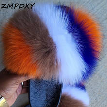 Women Fur Slides Real Fox Fur Slippers Rainbow Plush Furry Fur Flip Flops Fashion Ladies Comfortable EVA Flat Fluffy Fur Shoes 2024 - buy cheap