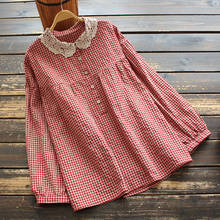 Camisa feminina de linho para outono, camisa básica solta 2020 com renda xadrez e manga longa, estilo vintage 2024 - compre barato