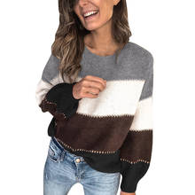 Duzeala-jerséis de punto de Color Patchwork para mujer, Tops de manga larga a la moda, suéteres holgados informales con cuello redondo para invierno 2024 - compra barato