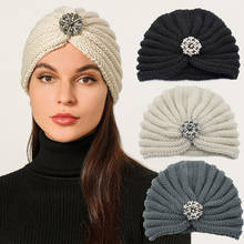 Turbante con nudo de diamantes de imitación para mujer musulmana, gorro cálido de lana de punto, gorrito de ganchillo para quimio, gorro femenino, accesorios para el cabello para pacientes con cáncer 2024 - compra barato