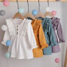 0-5Y Toddler Kids Baby Girl Autumn Dress Ruffles Long Sleeve Solid Cotton Linen Party Casual Dress Clothes 2024 - купить недорого