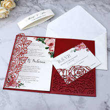 50pc Plum Laser Cut Wedding Invitation Card Pocket, Elegant Flower Personalized Print Quinceanera Invitation with Cream Belt 2024 - buy cheap