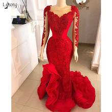 Demure Red Mermaid Evening Dresses Full Sleeves Luxury Beaded Long Evening Gowns Ruffles Bottoms Vestidos De Fiesta 2024 - buy cheap