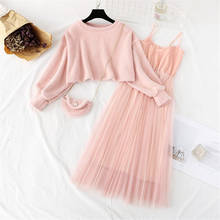 Two Piece Set Ladies Dress Vintage Mesh Sling Dress+Lantern Sleeve Pullover Sweater Women 2020 Spring New Pleated Dresses Sets 2024 - buy cheap