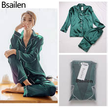 Bsailen pijama feminino 2 peças, outono roupa de dormir feminina cetim de seda falsa conjunto de pijamas de manga comprida roupa de dormir 2024 - compre barato