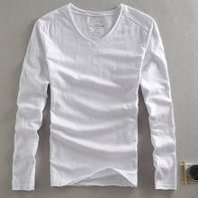 Summer New Long Sleeve T Shirt for Men Solid White Pure Cotton V-neck Tops Male High Quality Classic Basic Tees 2024 - buy cheap