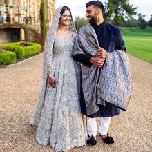 Silver Gray Lace Arabic Wedding Dresses Dubai Long Sleeves Square Neck A Line Bridal Gowns Beaded Floor Length Vestidos 2024 - buy cheap